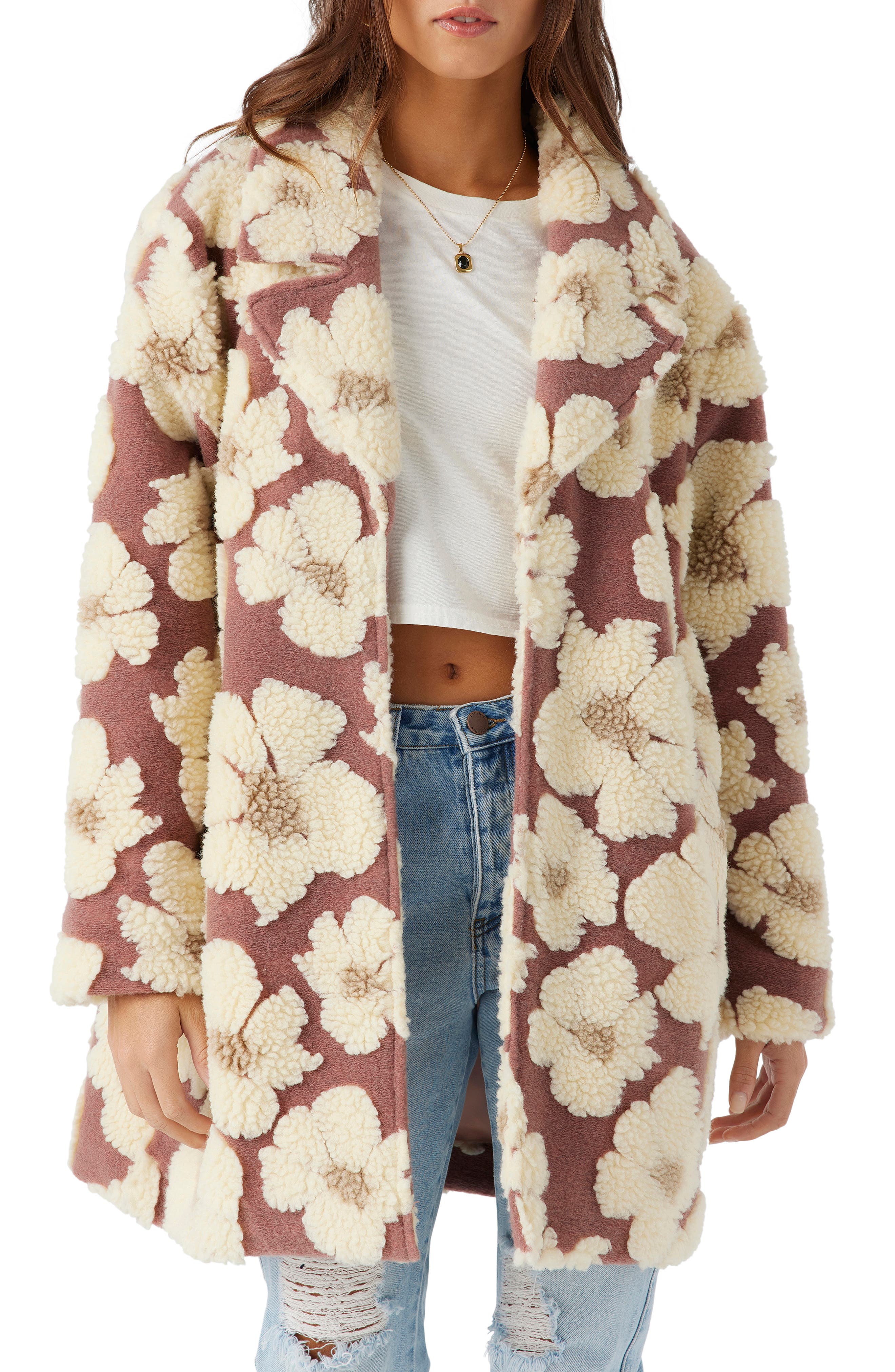 O'Neill Harper Floral Fleece Jacquard Open Front Coat (Women