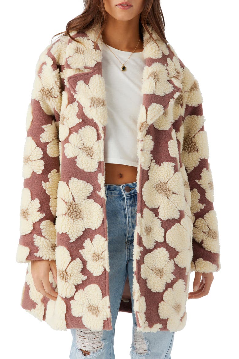 Harper Floral Fleece Jacquard Open Front Coat, Main, color, BURLWOOD