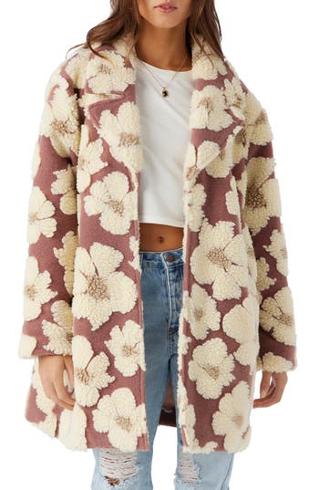O'neill Harper Floral Fleece Jacquard Open Front Coat In Brown