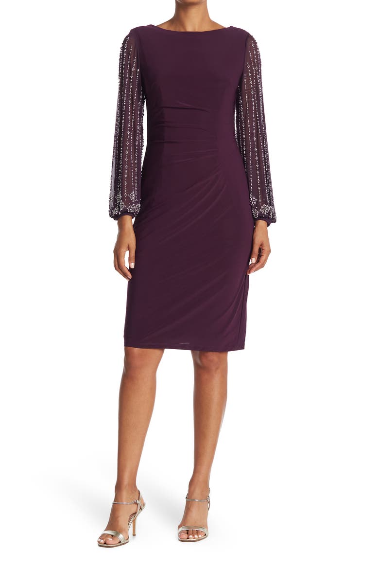 Beaded Long Sleeve Sheath Dress, Main, color, EGGPLN