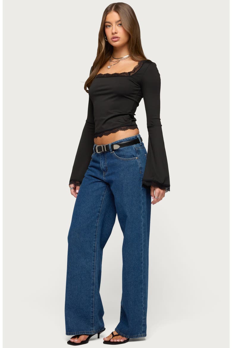 Kailin Lace Trim Bell Sleeve Crop Top, Alternate, color, BLACK