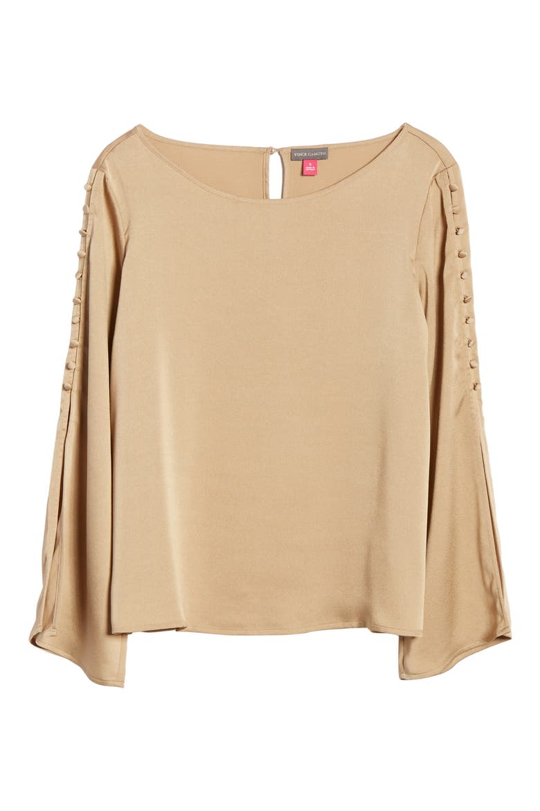 Button Detail Slit Sleeve Hammered Satin Top, Alternate, color, LATTE
