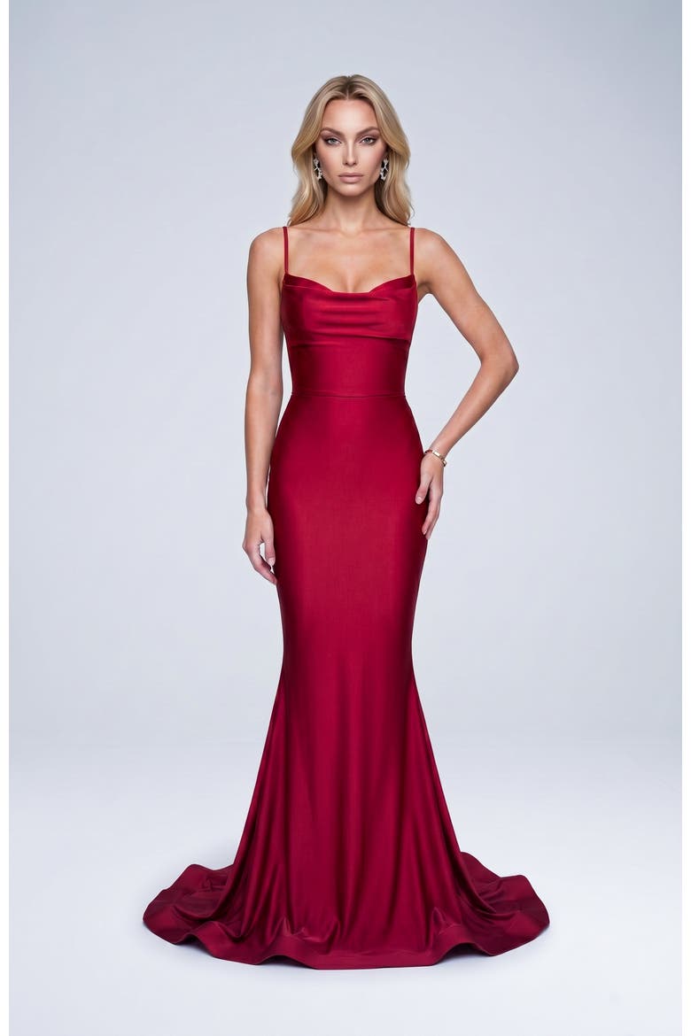 Cowl Neck Lace-Up Open Back Mermaid Gown, Alternate, color, Red