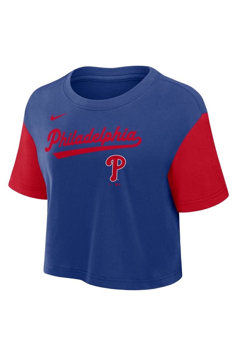 Women's Nike Royal/Red Philadelphia Phillies Script Cropped Performance T-Shirt, Alternate, color, Royal