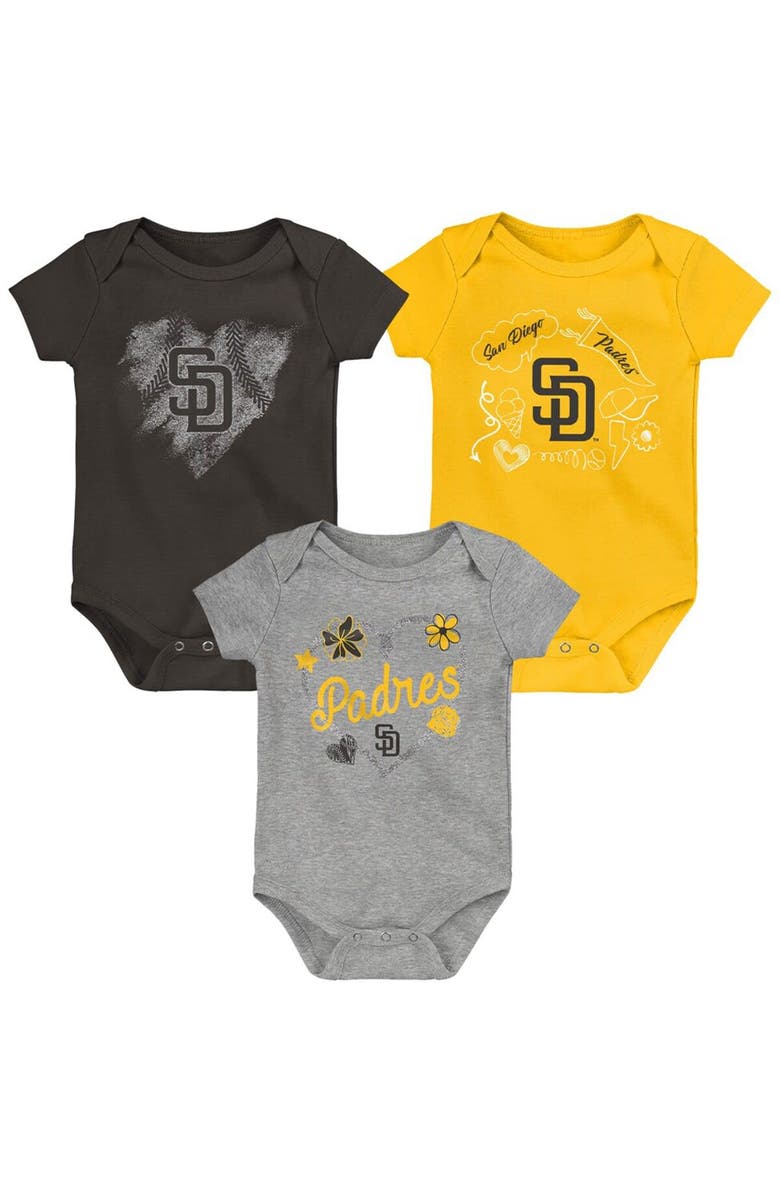 Outerstuff Infant Brown/Gold/Gray San Diego Padres Batter Up 3-Pack Bodysuit Set, Main, color, 