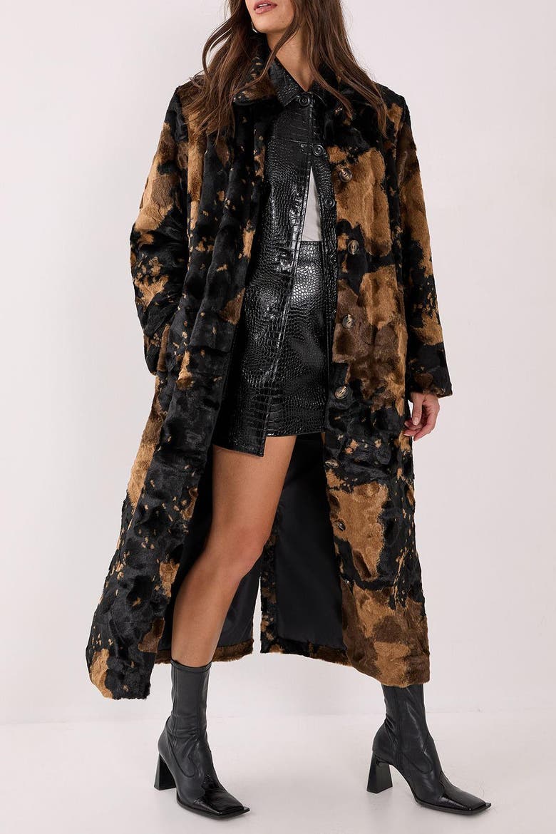 Cow Print Faux Fur Longline Coat, Alternate, color, Brown