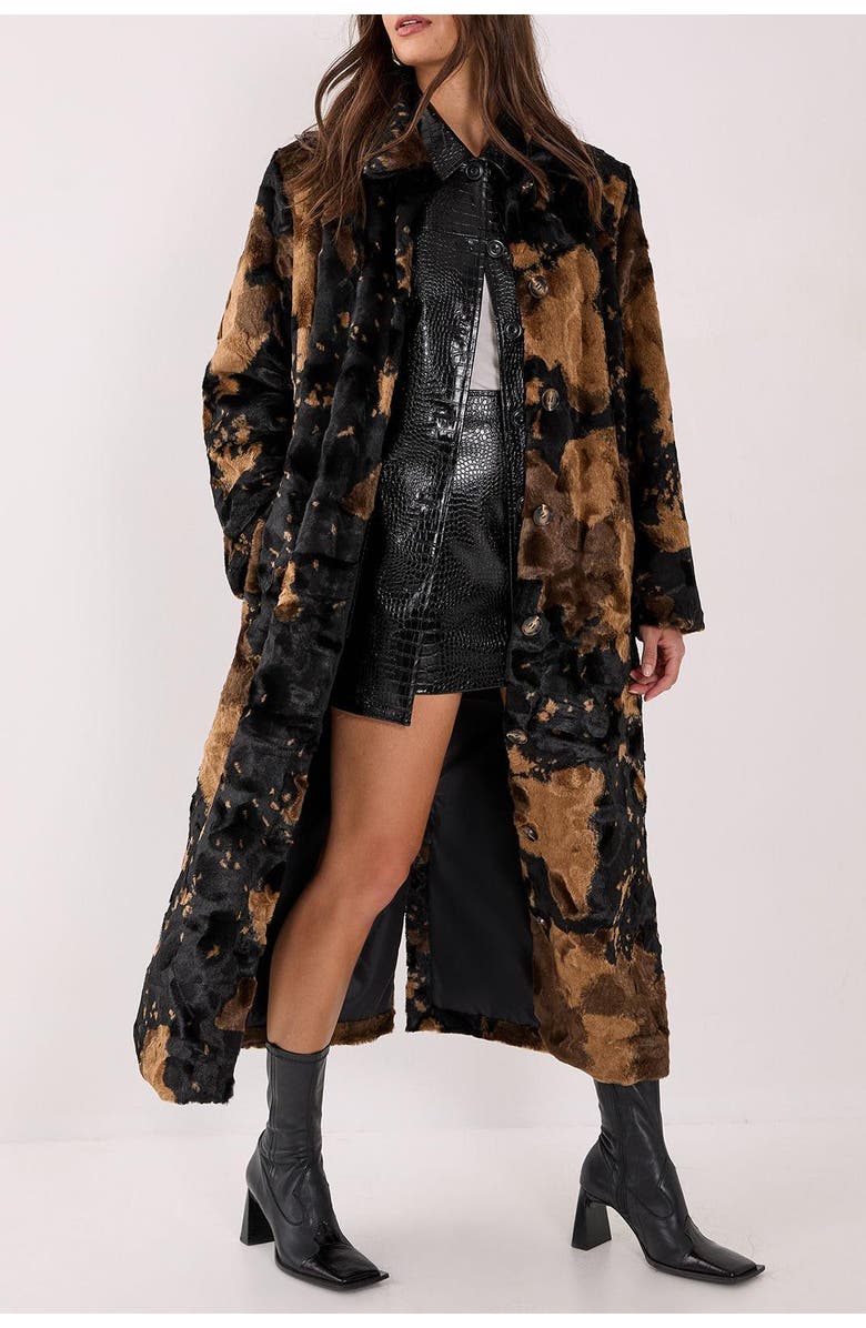 NASTY GAL Cow Print Faux Fur Longline Coat, Alternate, color, Brown