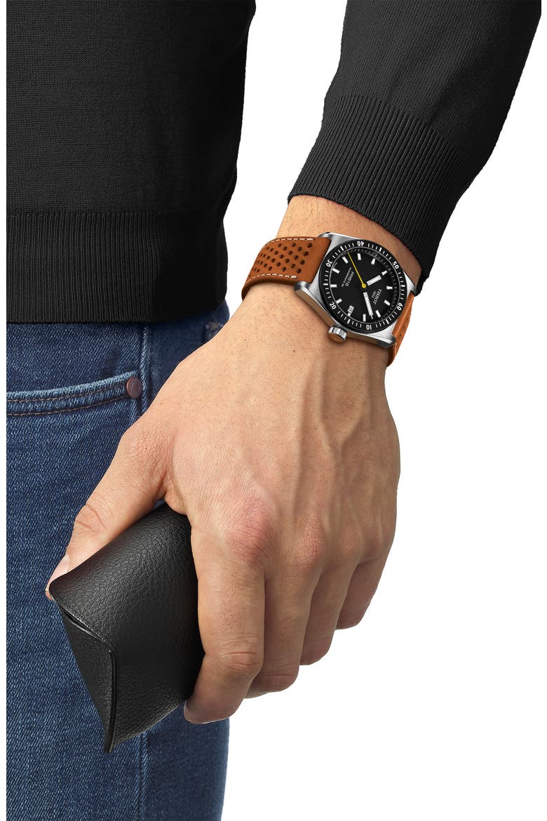 PR516 Powermatic 80 Automatic Leather Strap Watch, 38mm, Alternate, color, BLACK