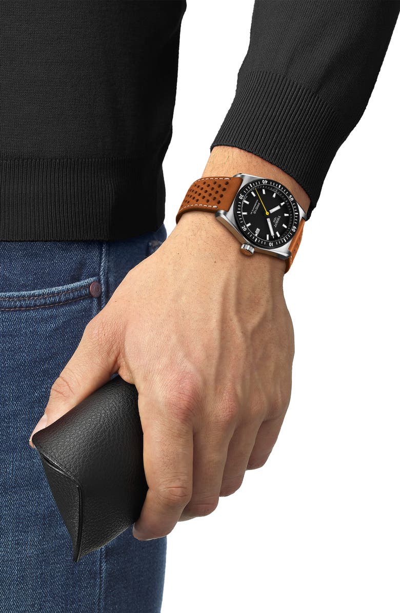 Tissot PR516 Powermatic 80 Automatic Leather Strap Watch, 38mm, Alternate, color, Black