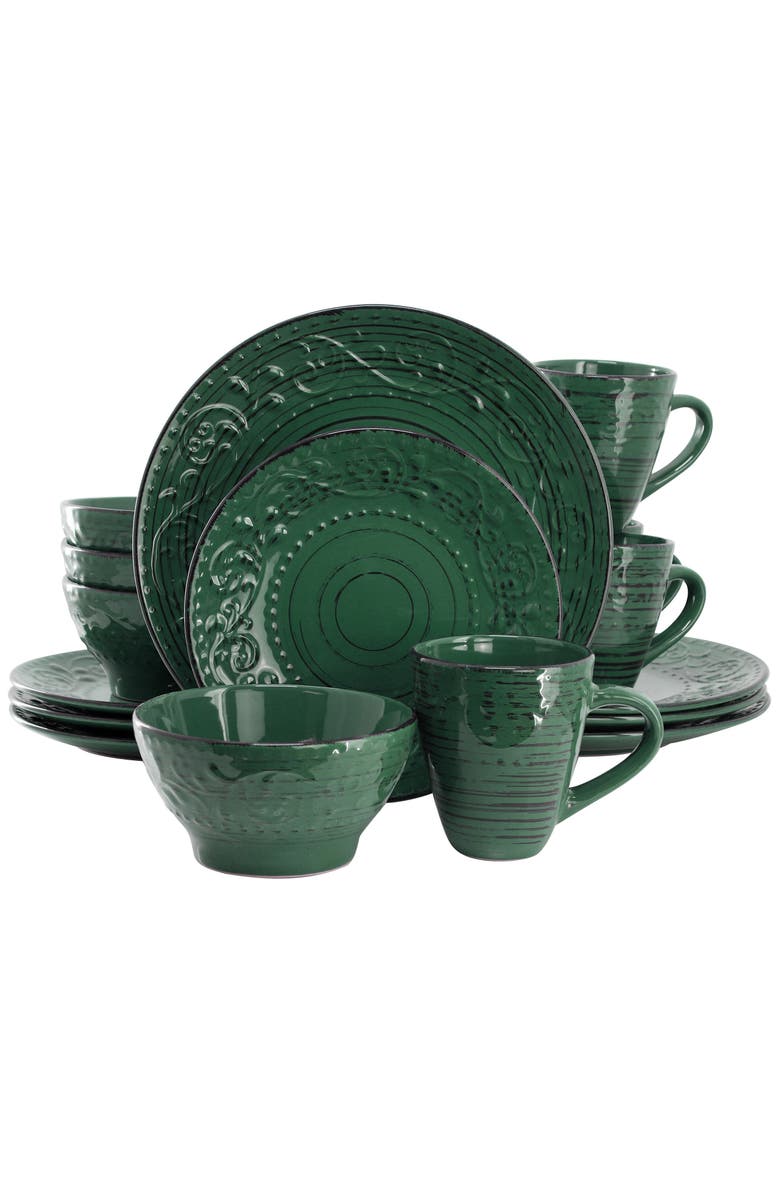 Elama Malibu Sea Glass 16-Piece Dinnerware Set, Main, color, Dark Green