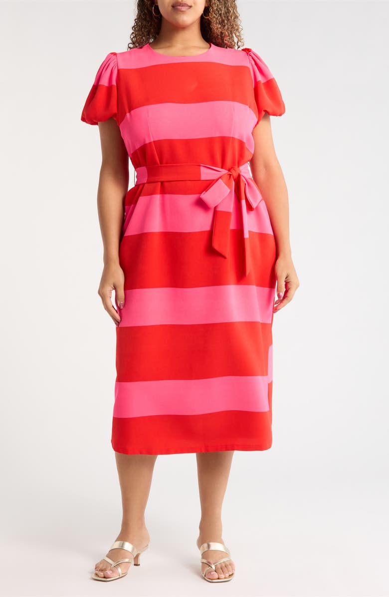 SUGARLIPS Lolli Stripe Senidy Puff Sleeve Midi Dress, Main, color, Fuchsia-Red