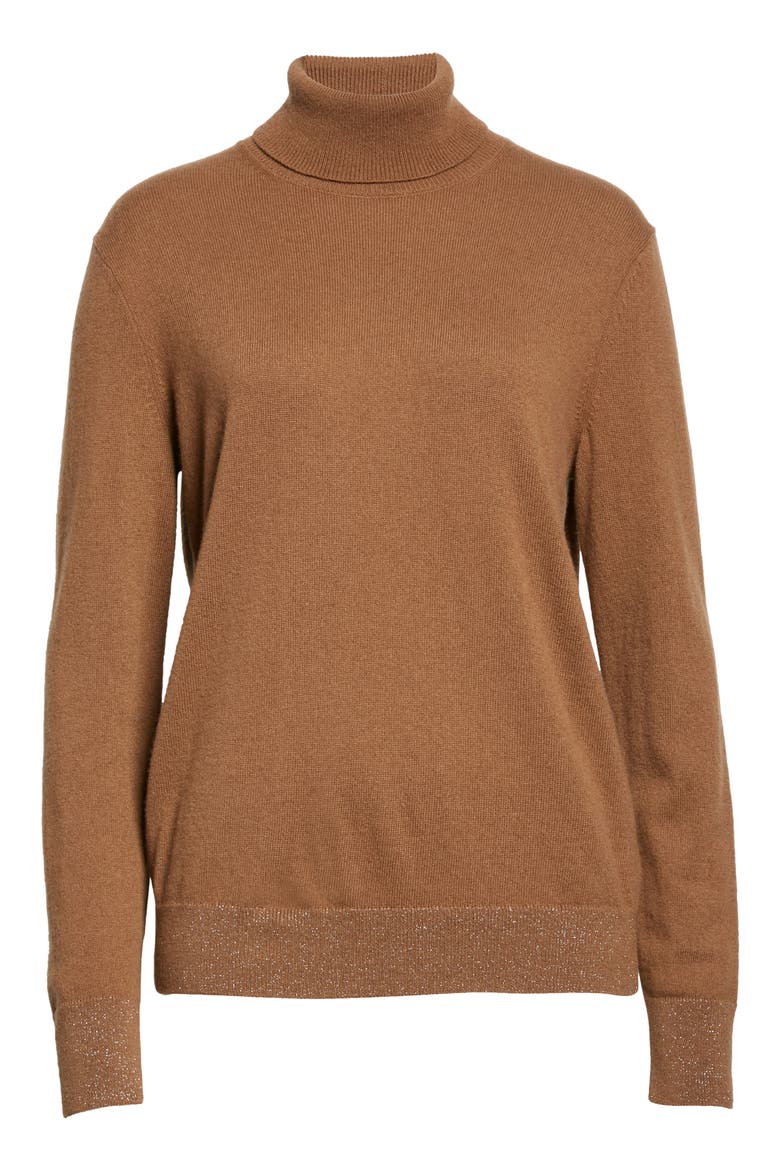 148 New York Metallic Trim Cashmere Turtleneck Sweater, Alternate, color, TOFFEE