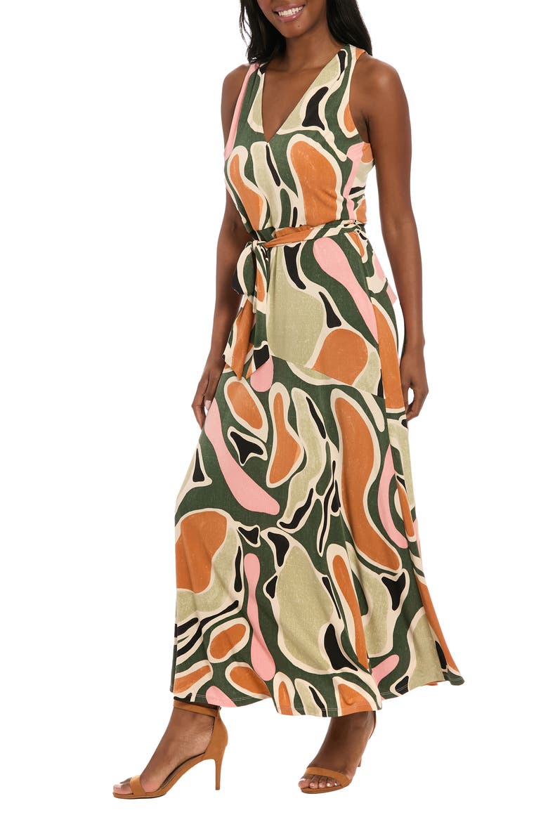 Abstract Print V-Neck Maxi Dress, Alternate, color, OLIVE/ SAGE