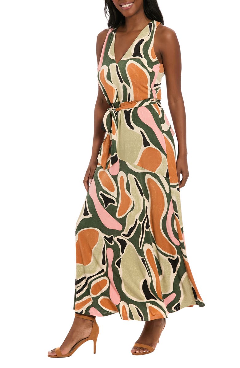 London Times Abstract Print V-Neck Maxi Dress, Alternate, color, Olive/ Sage