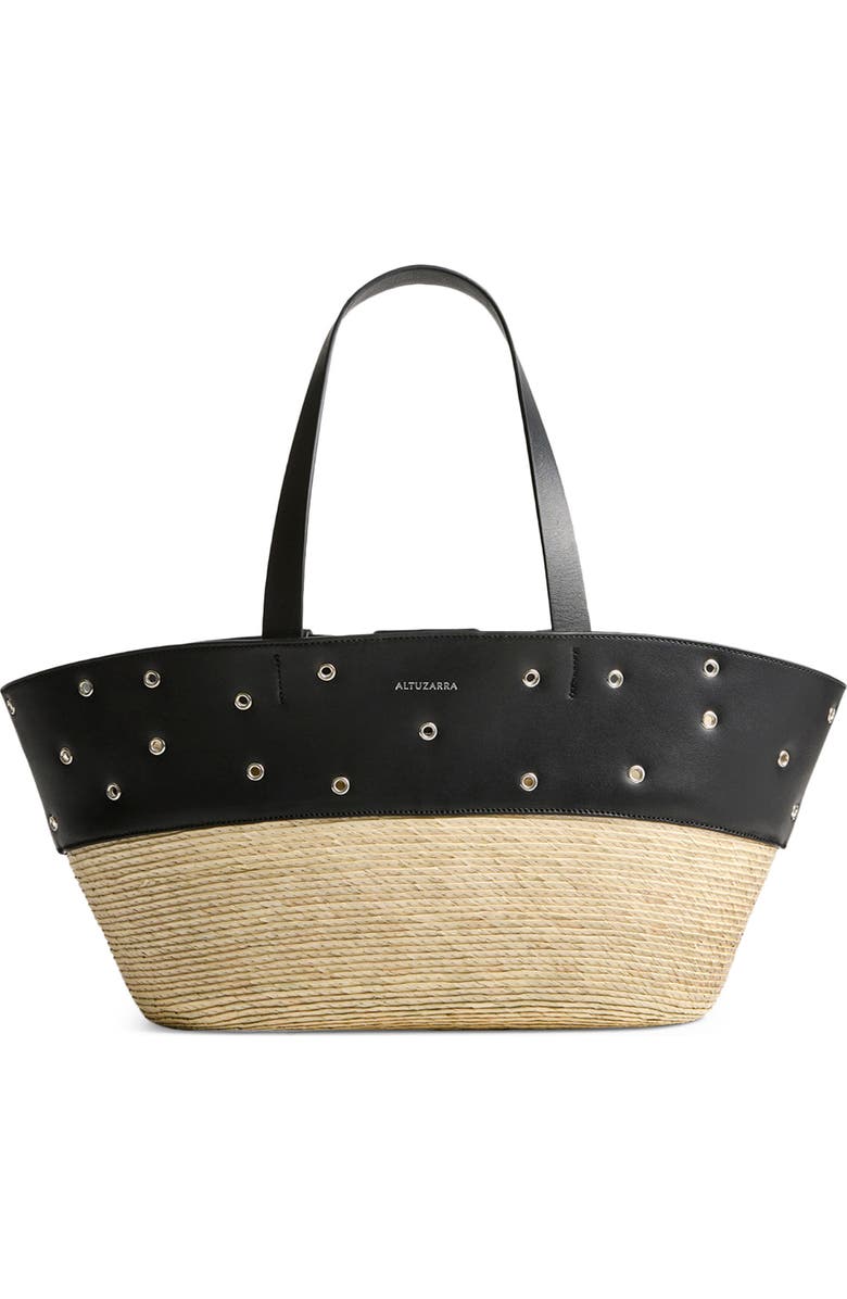 Altuzarra Knot Studded Leather & Straw Basket Tote, Main, color, 381001 Black/ Silver
