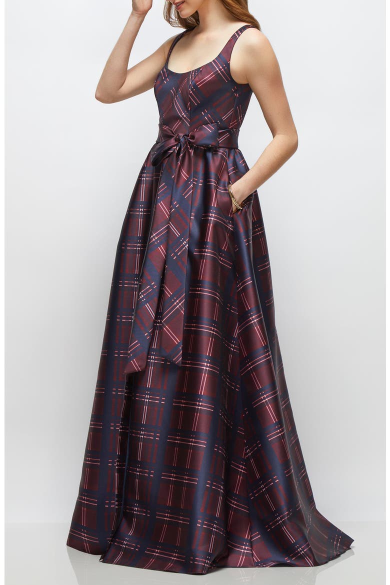 Tartan Tie Waist Sleeveless Satin Gown, Alternate, color, CABERNET MIDNIGHT