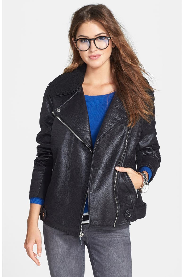 Faux Leather Moto Jacket with Faux Shearling Trim, Main, color, BLACK