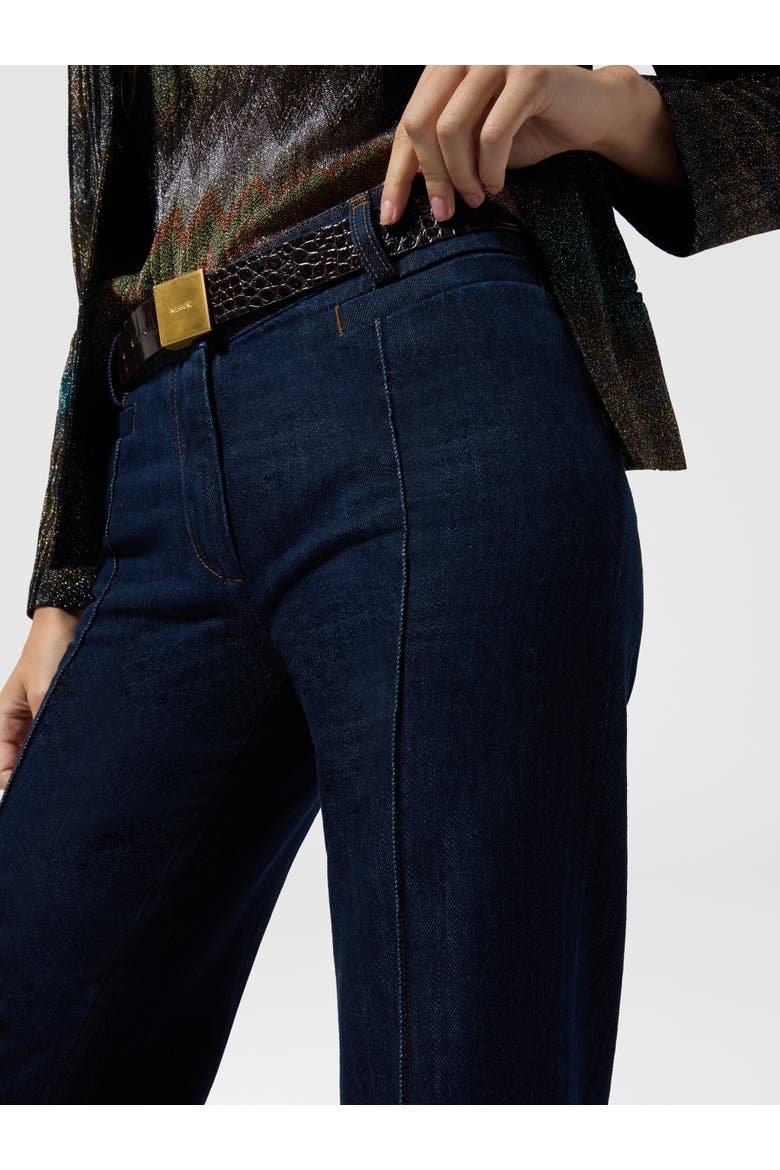 Flared Denim Trousers With Turn-up Hem And Center Crease, Alternate, color, Denim Blue