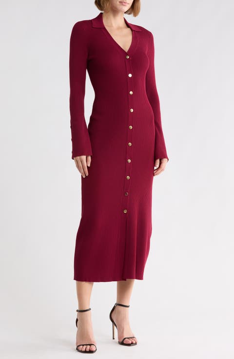 Collar Long Sleeve Rib Maxi Sweater Dress
