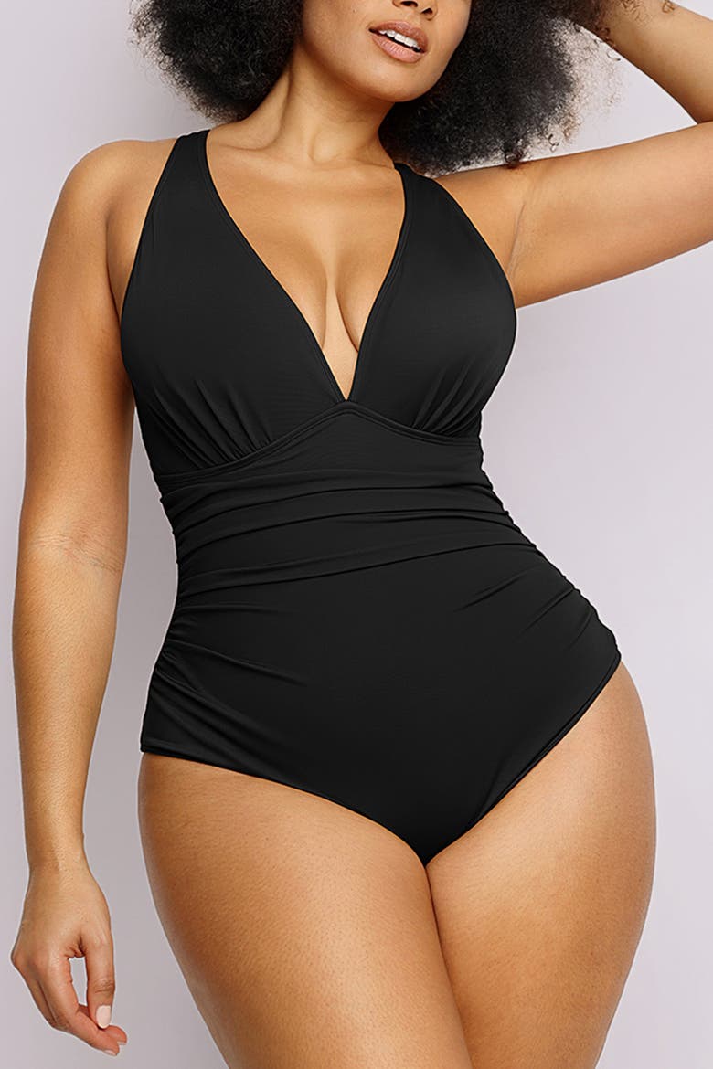 Ruched Plunge Tummy Control One-Piece Swimsuit, Alternate, color, Jet Black