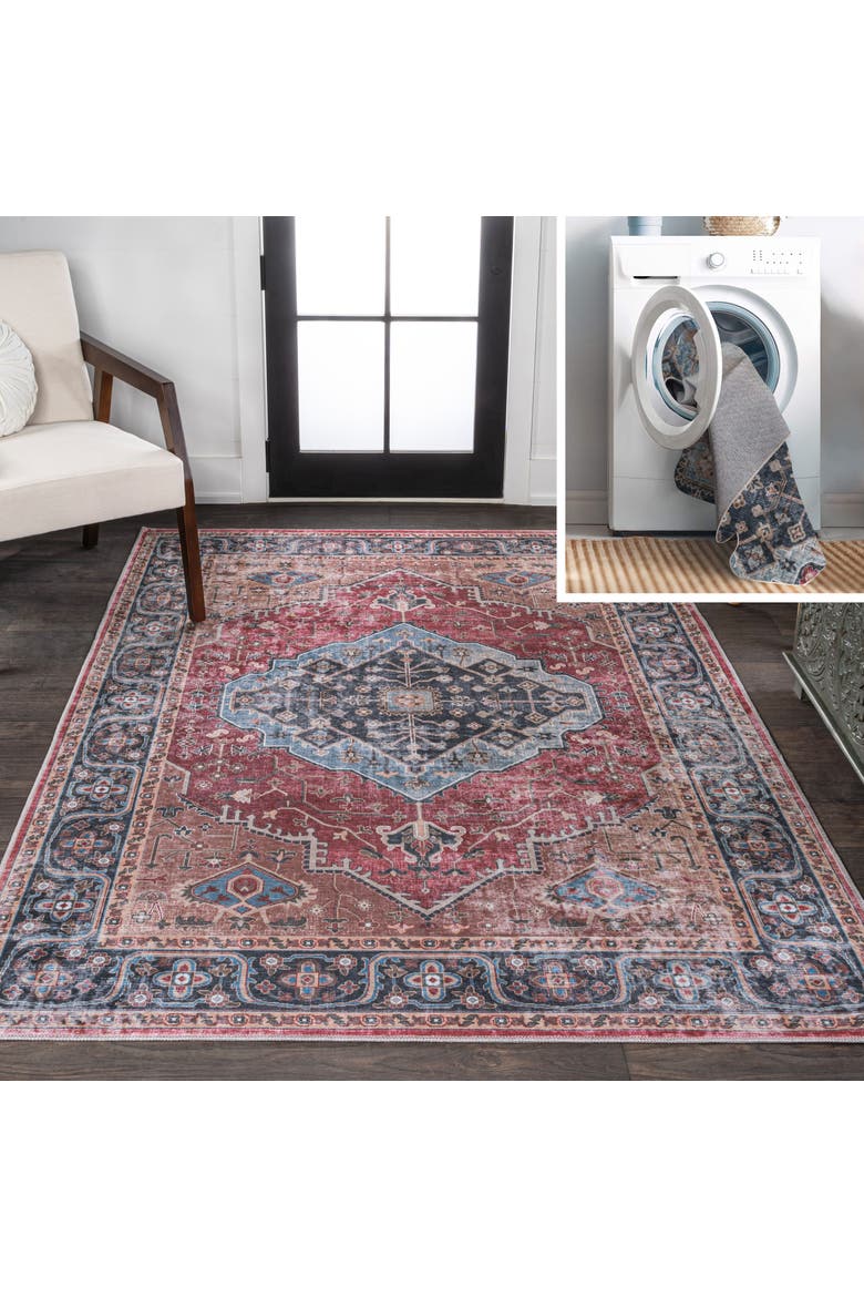 Alacati Ogee Medallion Machine-Washable Area Rug, Main, color, Red/Blue/Brown