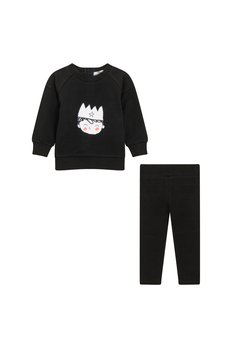 Boy Crown Print 2 Piece Long Sleeve Top and Ribbed Leggings Set, Main, color, Black