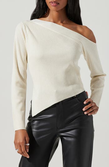 Astr The Label One Shoulder Long Sleeve Rib Sweater In White