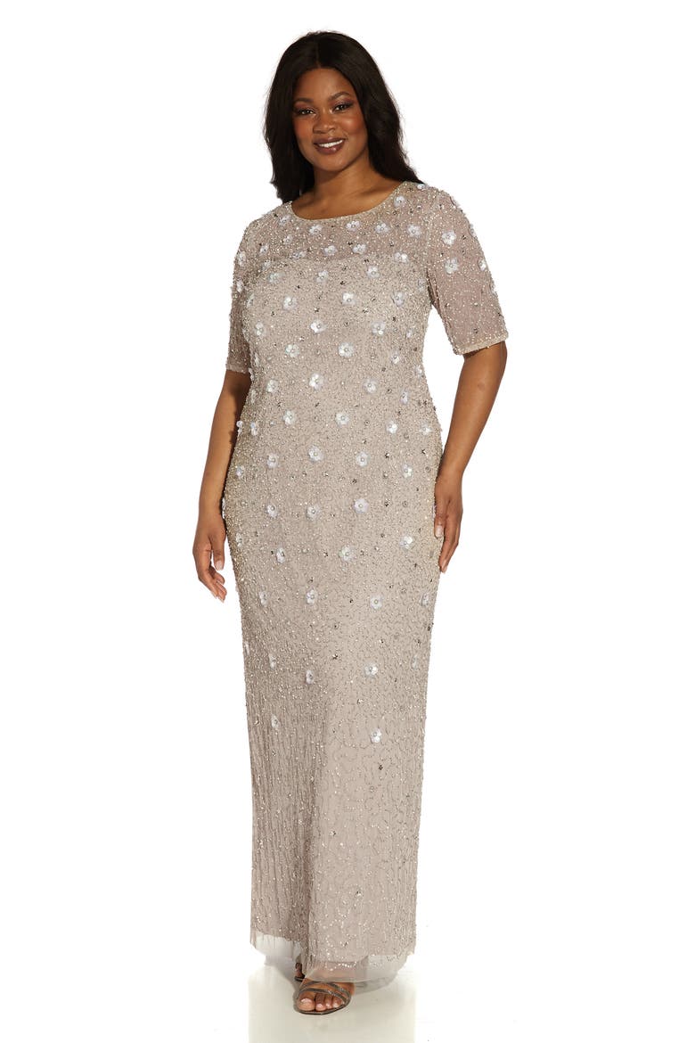 3D Floral Beaded Evening Gown, Alternate, color, MARBLE