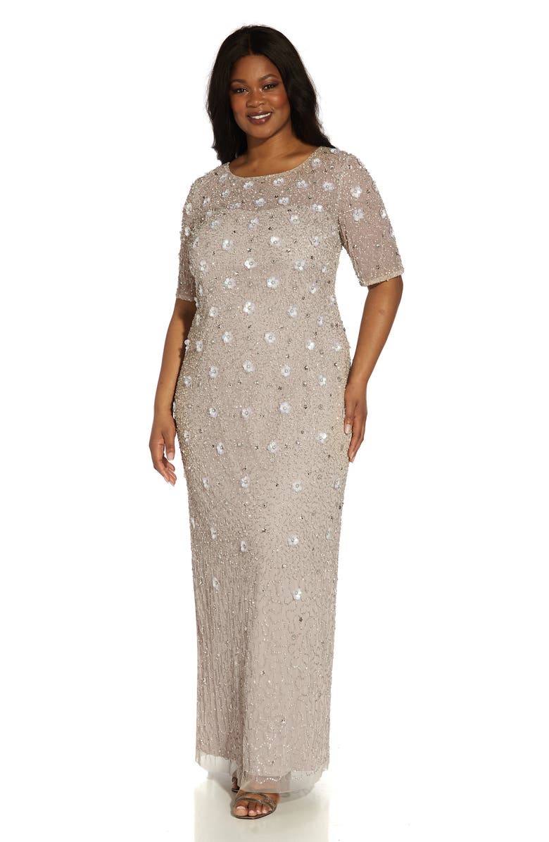 Adrianna Papell 3D Floral Beaded Evening Gown, Alternate, color, Marble