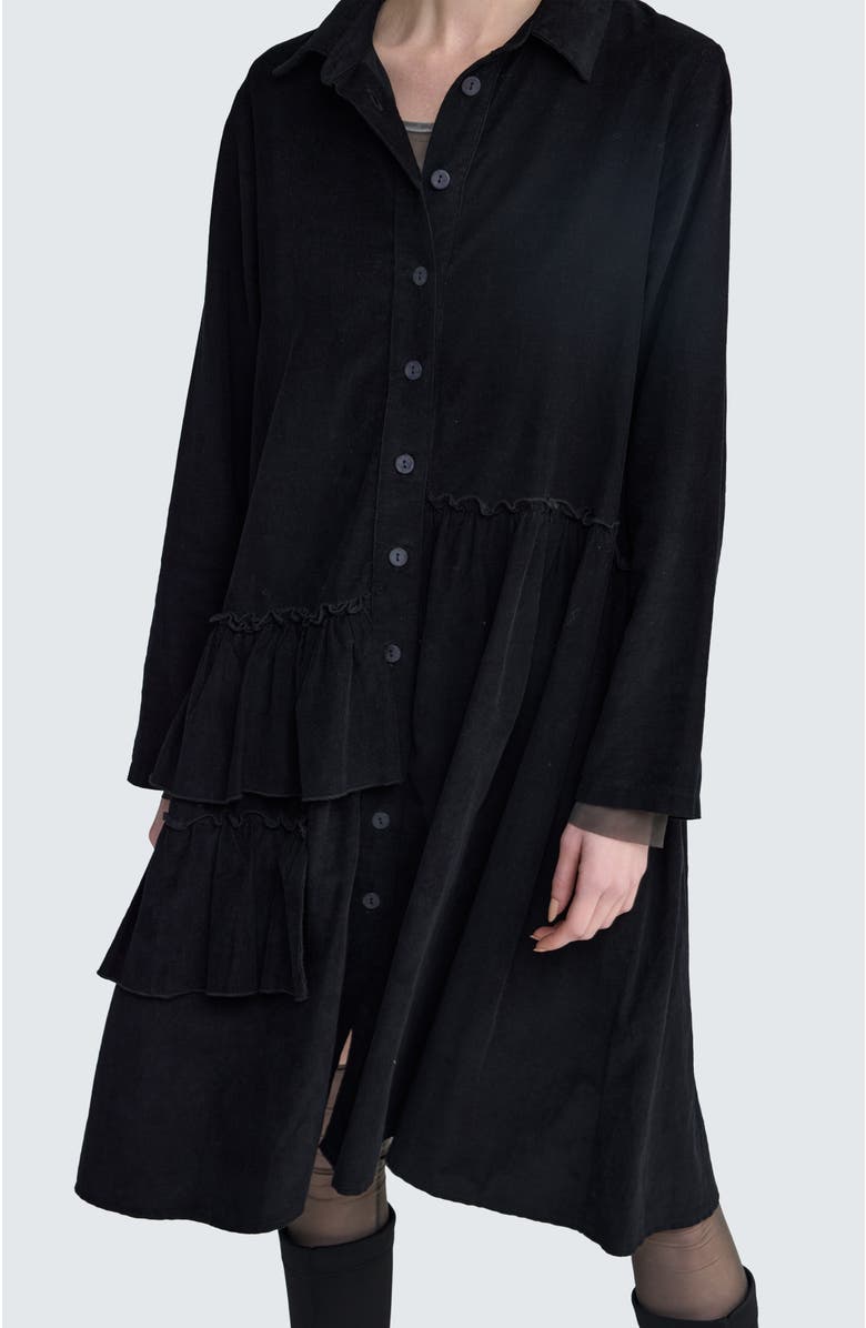 LUUKAA Isolde Ruffled Cord Velvet Shirt Dress, Alternate, color, Black