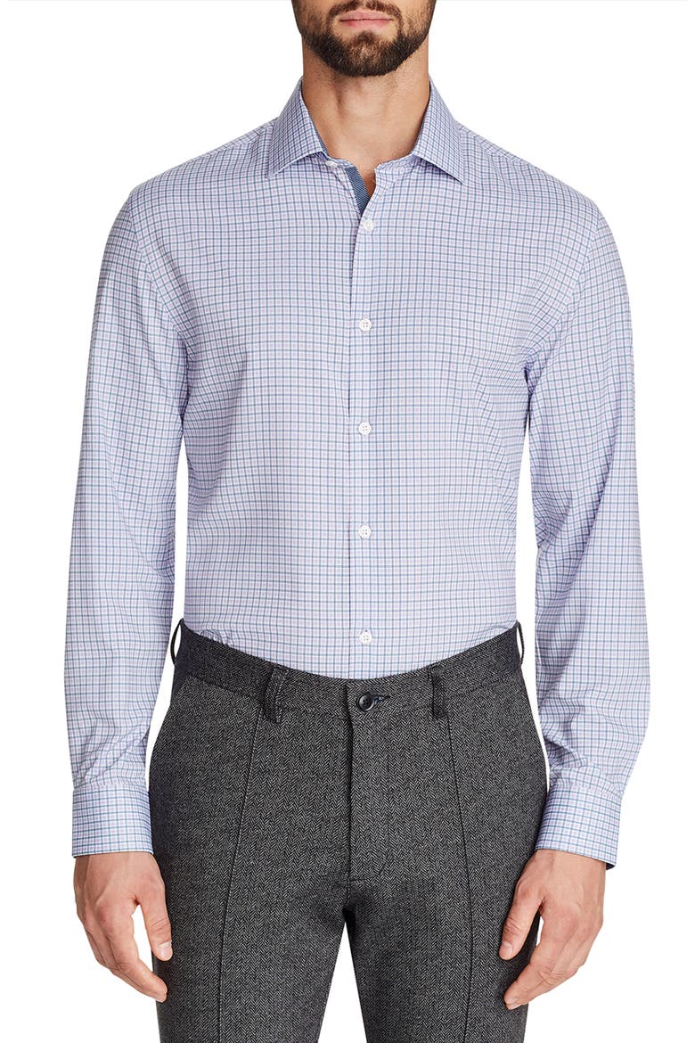 Trim Fit Check Performance Stretch Dress Shirt, Main, color, LILAC