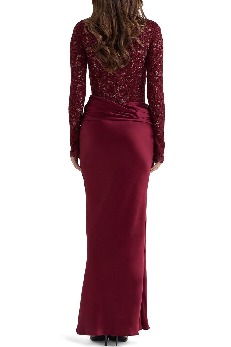 Yasmeen Long Sleeve Lace & Satin Gown, Alternate, color, CABERNET