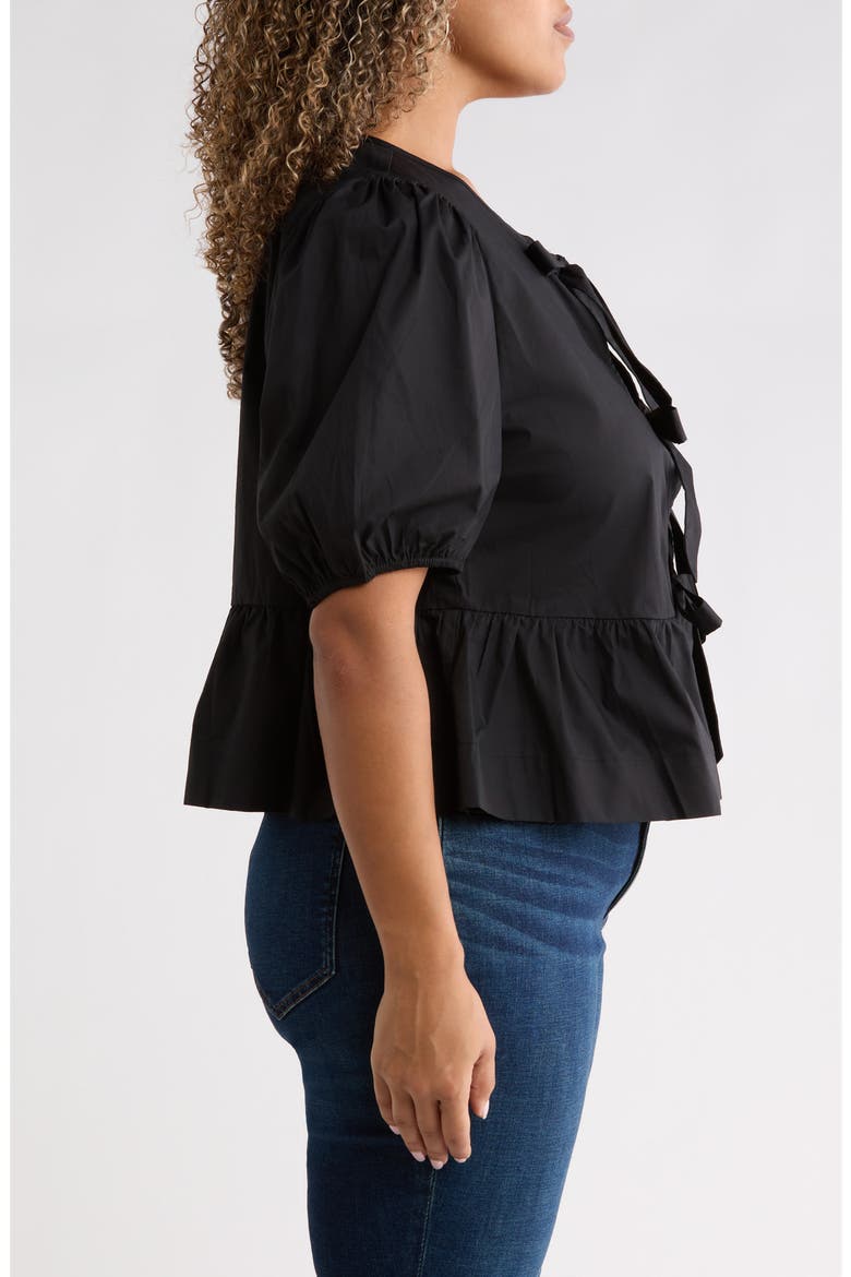Tie Front Puff Sleeve Peplum Top, Alternate, color, BLACK