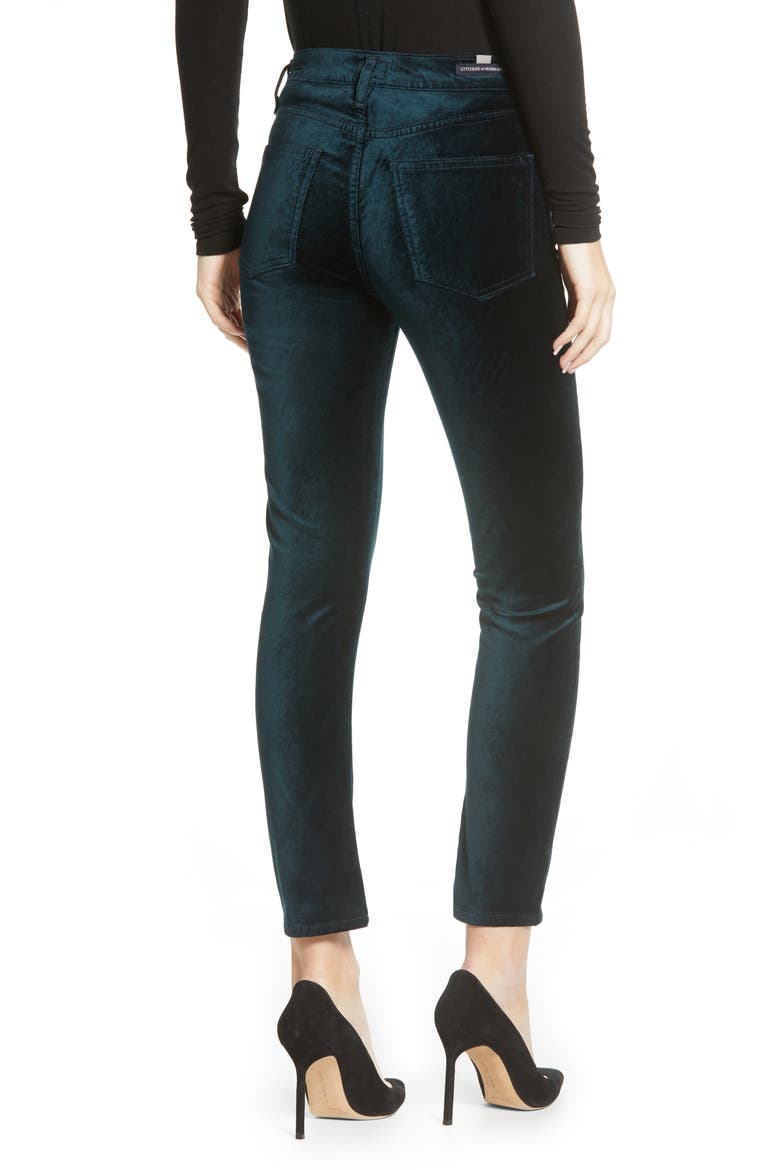 Harlow Ankle Slim Velvet Pants, Alternate, color, MIDNIGHT GREEN