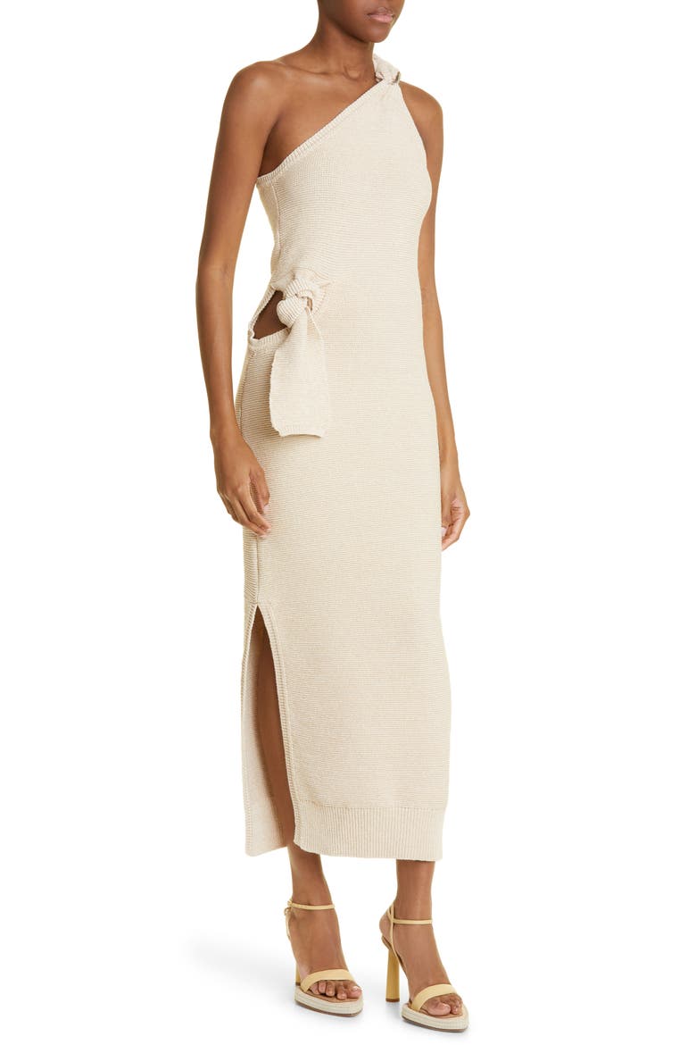 Knot Detail One-Shoulder Links Stitch Dress, Alternate, color, IVORY