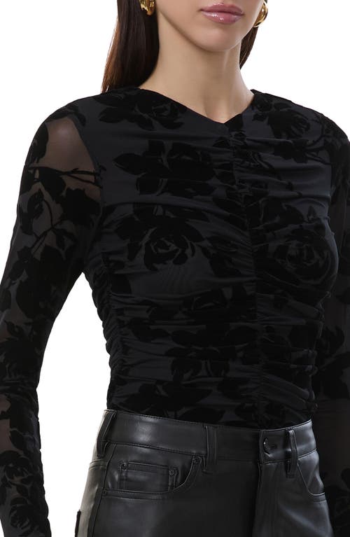 Afrm Leah Floral Flocked Mesh Top In Black