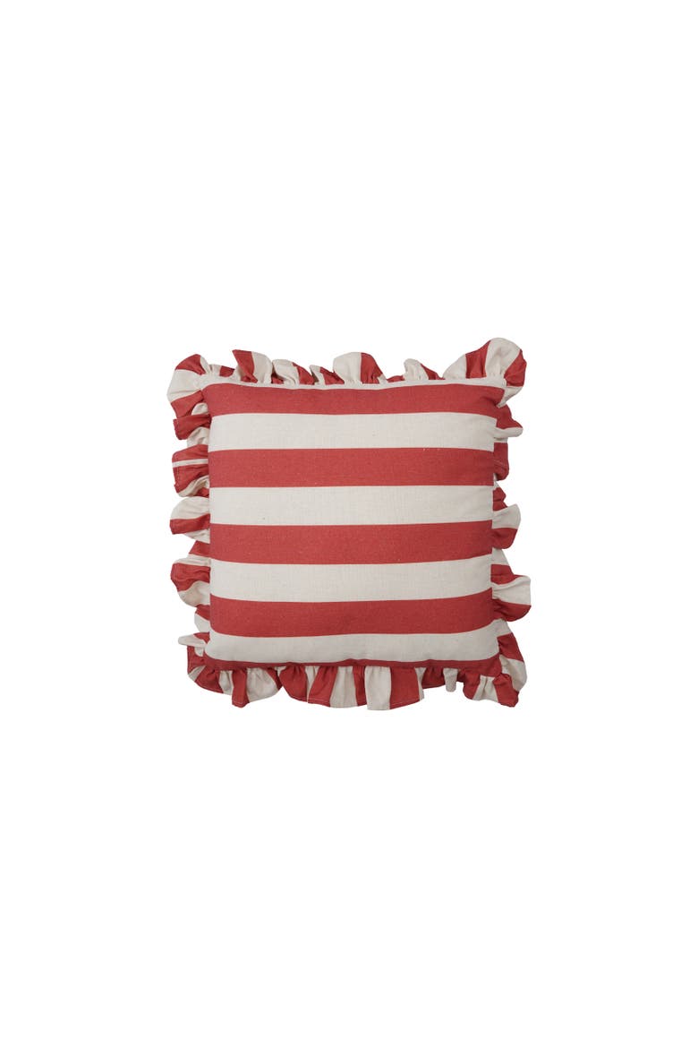 Striped Ruffled Pillow in Polyester, Main, color, Red and White