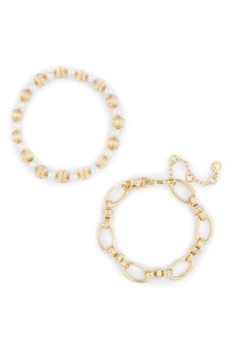 Set of 2 Imitation Pearl & Chain Link Bracelet Set