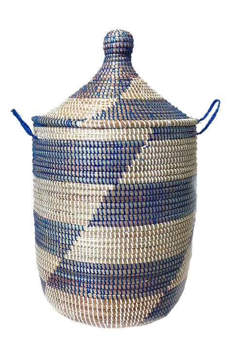 Dou Lid Storage Basket Stripe Blue Medium Storage
