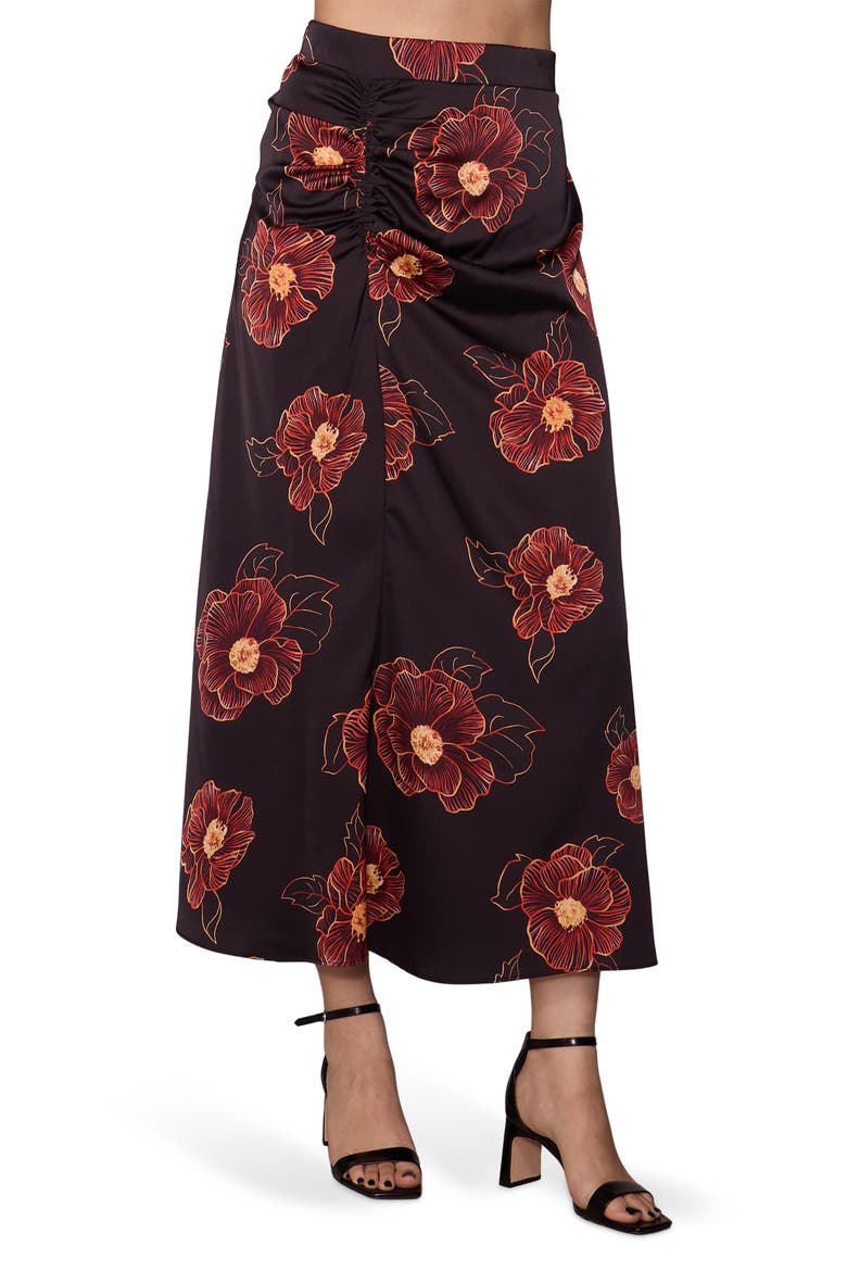 Floral Satin Ruched Midi Skirt, Alternate, color, BLACK FIERY ORANGE FLORAL