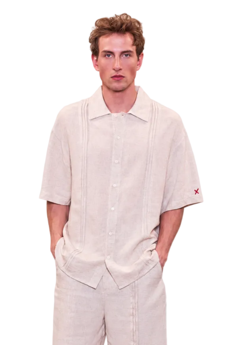 Daydreamers Short Sleeve Linen Shirt With Stitch Detail, Alternate, color, Beige