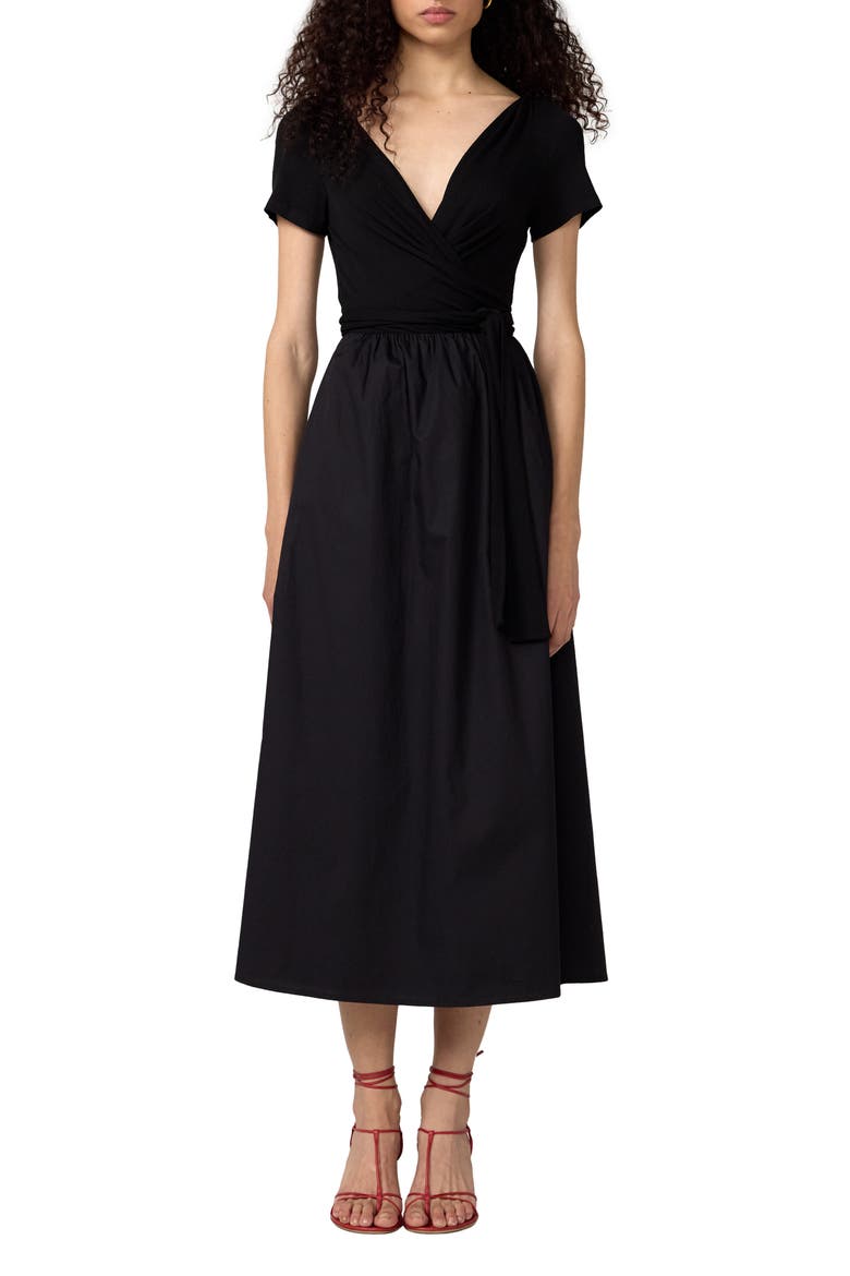 Elena Mixed Media Fit & Flare Dress, Main, color, BLACK