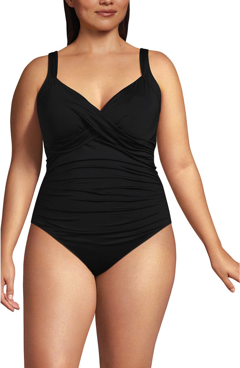 Lands' End Plus Size Sweetheart Underwire Wrap One Piece Swimsuit, Alternate, color, Black