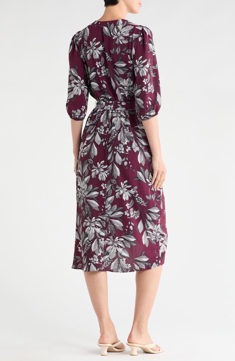Connected Apparel Floral Wrap Midi Dress, Alternate, color, Bordeaux