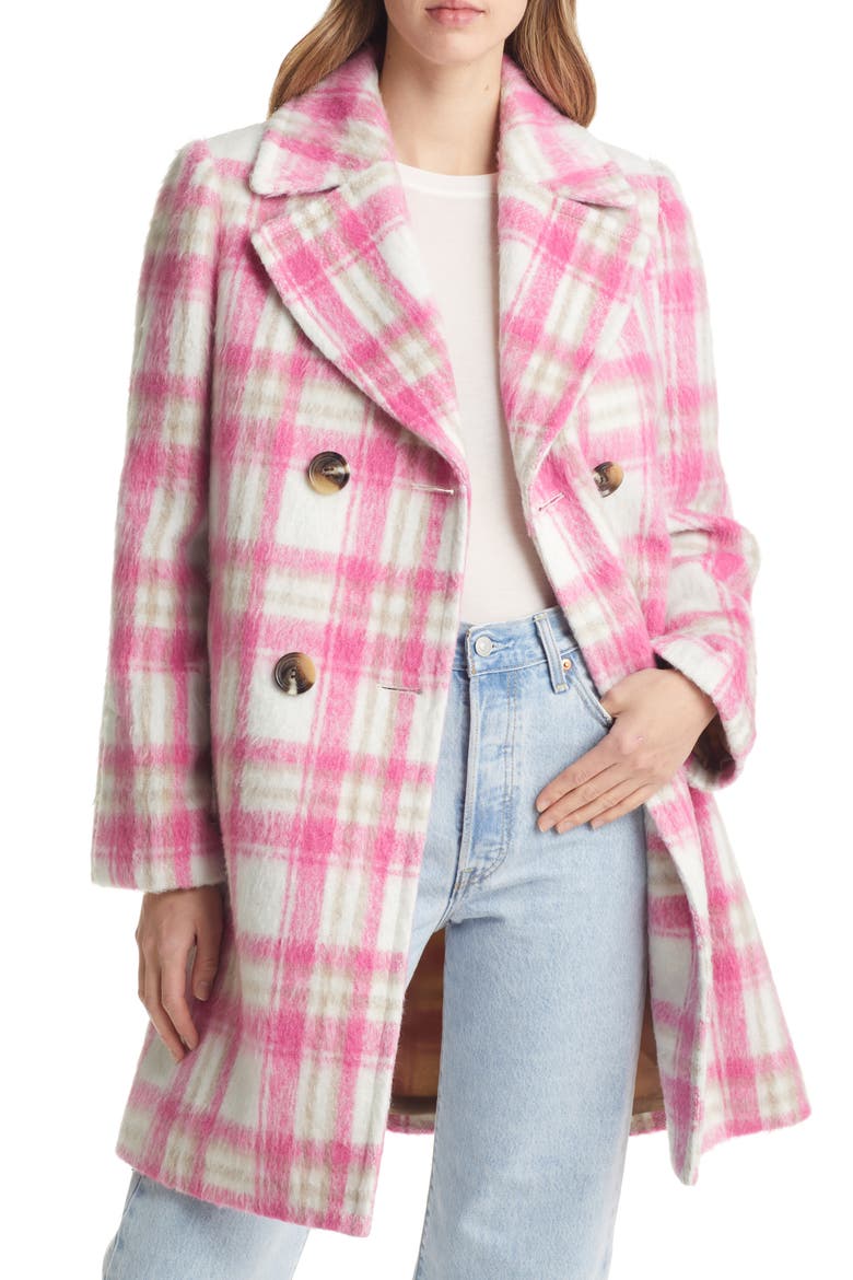 Brushed Plaid Double Breasted Coat, Main, color, SOFT PINK