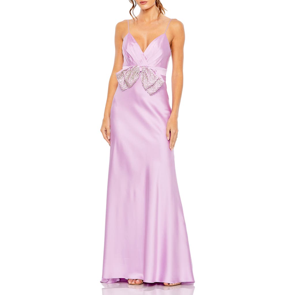Mac Duggal Rhinestone Bow Cami Draped Trumpet Gown In Lilac
