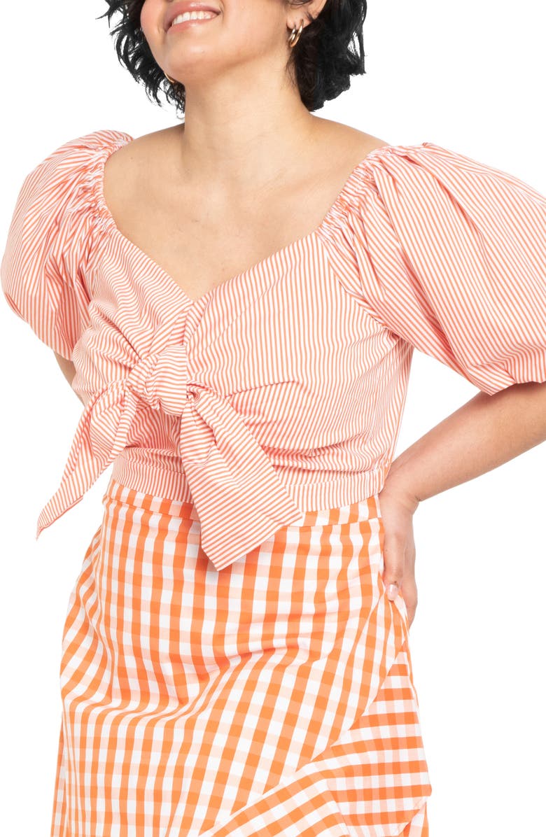 ELOQUII Stripe Puff Sleeve Tie Front Top, Main, color, 