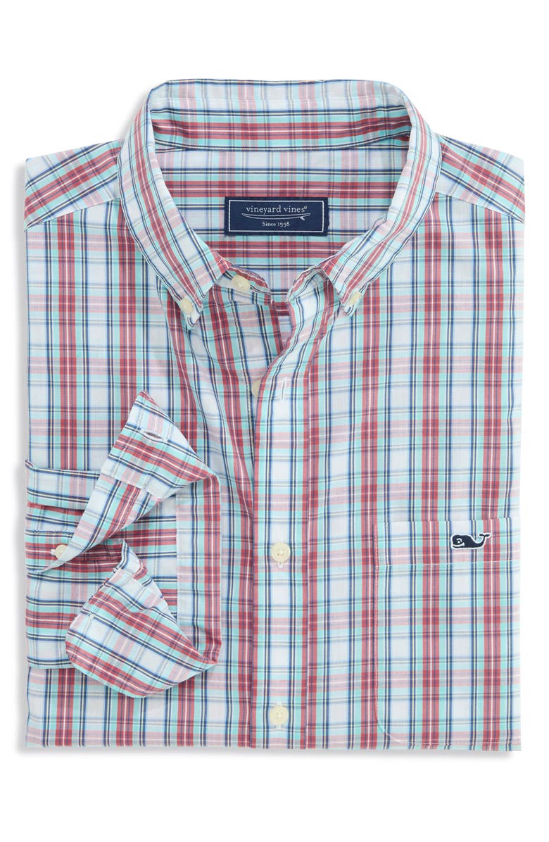 vineyard vines Wavecrest Plaid Stretch Cotton Poplin Button-Down Shirt, Alternate, color, Aqua/ Red/ White Cap