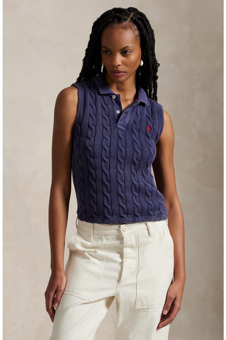 Cable Sleeveless Cotton Polo Sweater, Alternate, color, NEWPORT NAVY