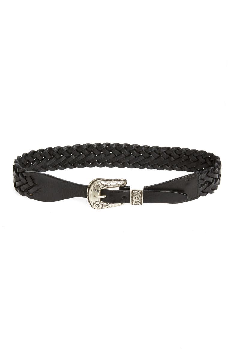 Floral Embossed Stud Leather Belt, Main, color, BLACK